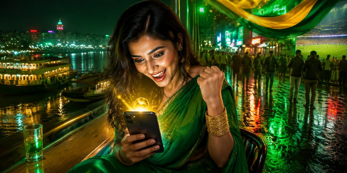 বরিশালে নিওন আলোয় মোবাইলে 7c77 ব্যবহার করছেন একজন খেলোয়াড়